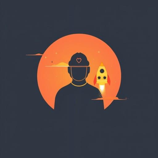 Modern logo design featuring an anonymous introverted builder with a tiny rocket and warm glow. Clean lines and minimal colors create a simple background.