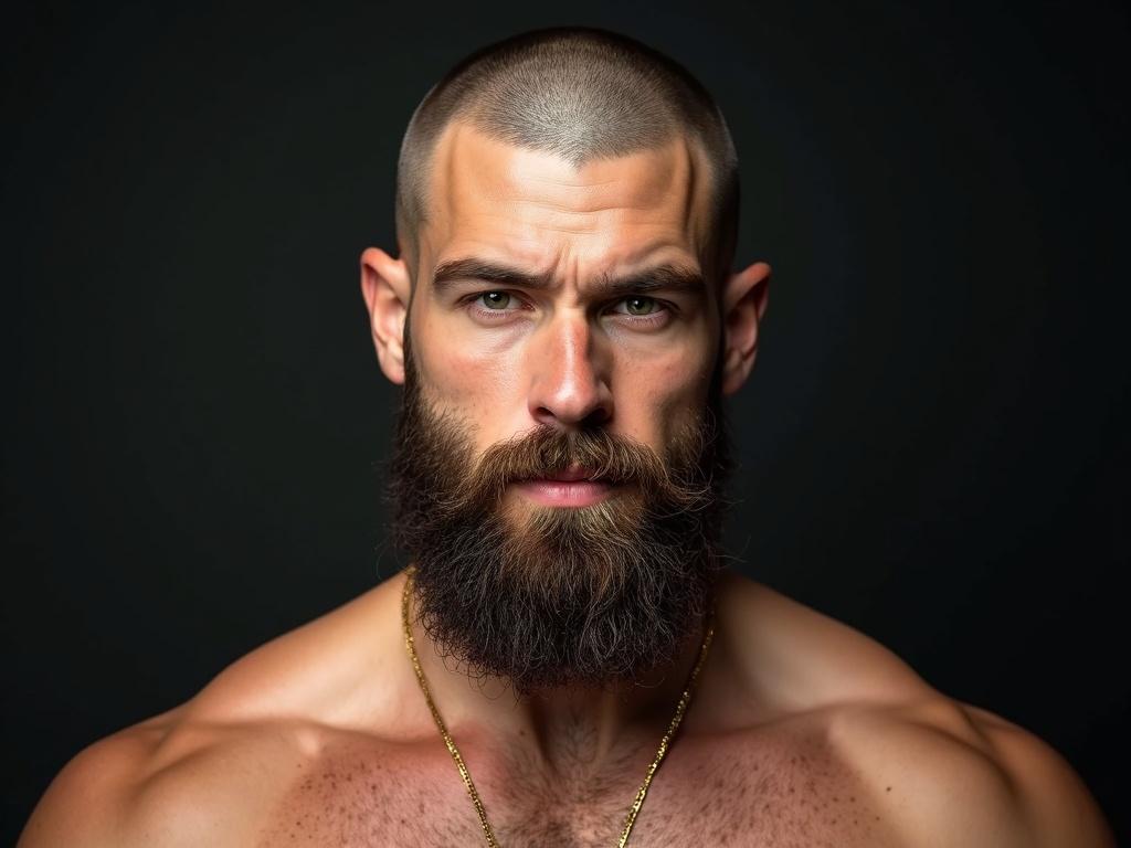 Close-up portrait of a young man with green eyes and a shaved head, displaying a long beard and muscular physique. He poses frontally, wears a gold necklace, and exudes confidence and allure.