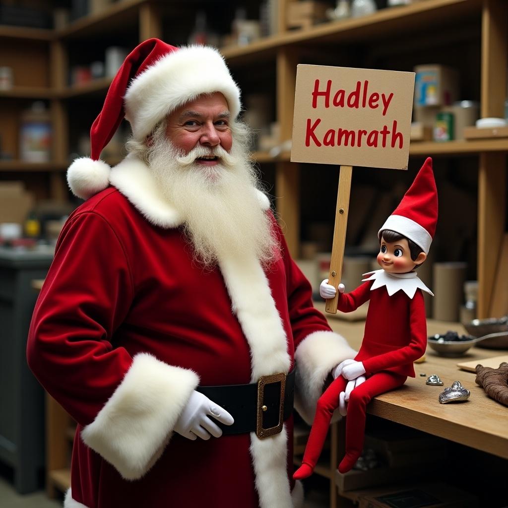 Santa Claus dressed in red attire is in a workshop with Christmas decorations. An elf on the shelf sits beside him holding a sign saying Hadley Kamrath.