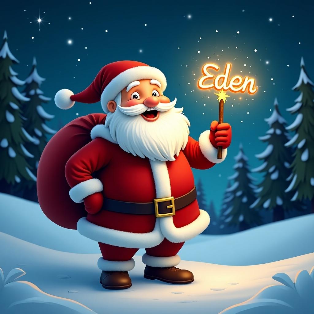 Cheerful Santa Claus stands in a snowy landscape. Santa has a red sack. He holds a shiny wand with the name 'Eden' glowing. The night sky is filled with stars and pine trees create a festive atmosphere.