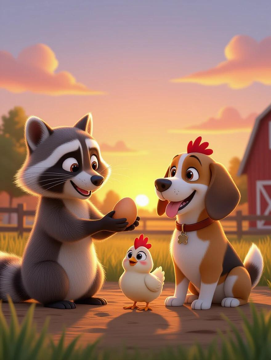 A raccoon hands an egg to a chicken. A beagle dog sits beside them. The scene is set on a farm during sunset. Light is warm and soft. The style is cartoon realism. The image is in 4K resolution.