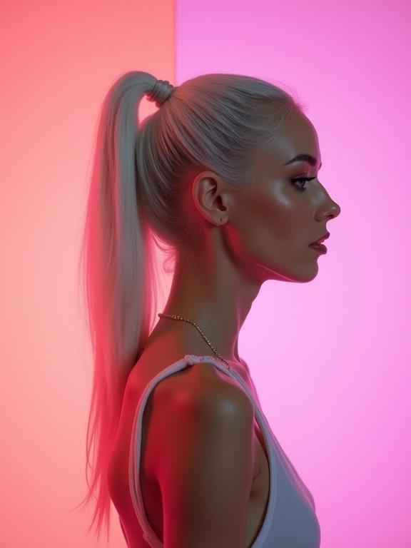Young model with a white ponytail hairstyle in profile. Background has pink hues. High contrast and vibrant colors. Simple, sexy clothing. Emphasizes beauty and aesthetics. Artistic and dynamic composition.