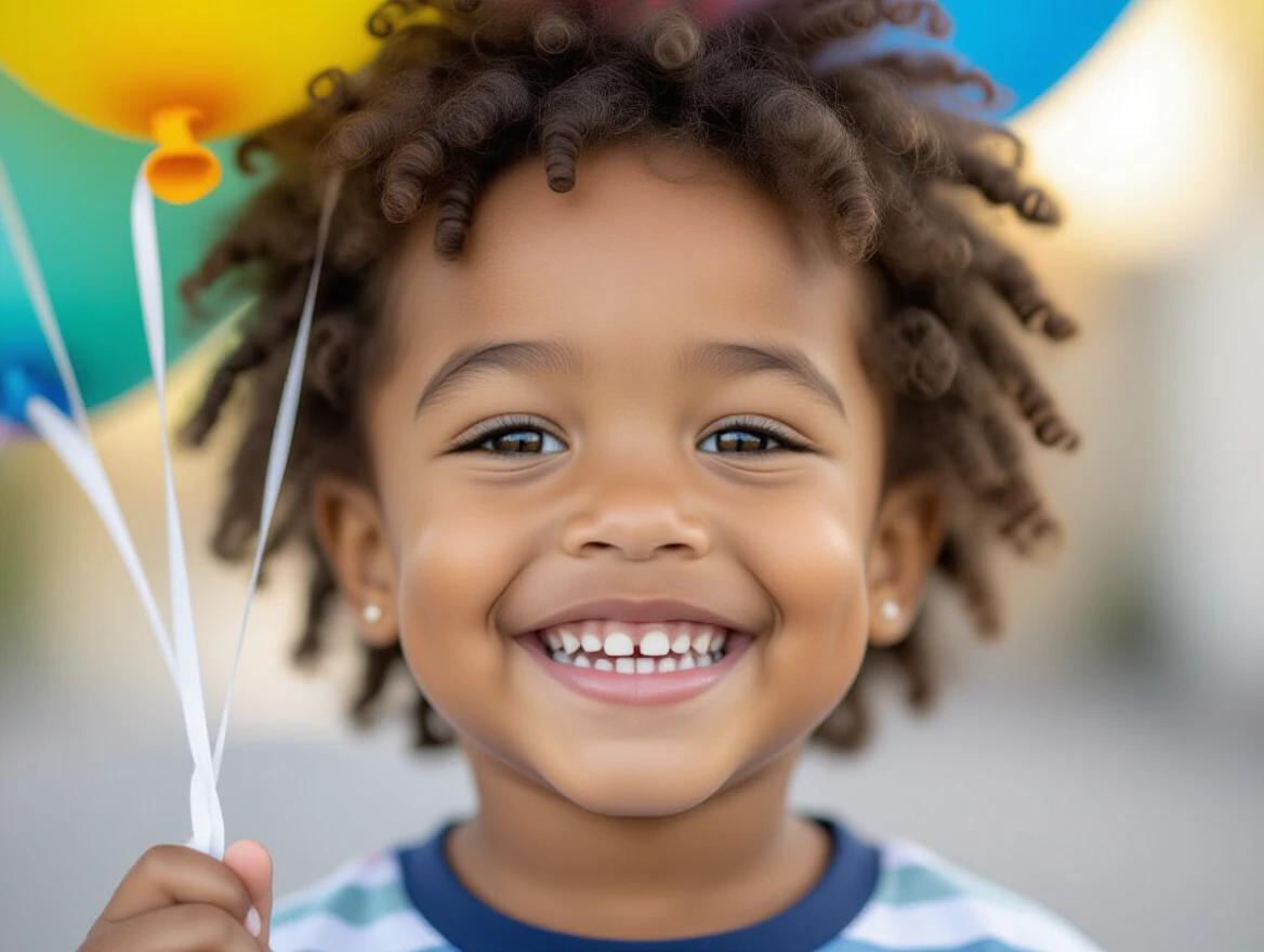 Close-up of a smiling child holding a colorful balloon. Bright colors, cheerful expression, outdoor setting.