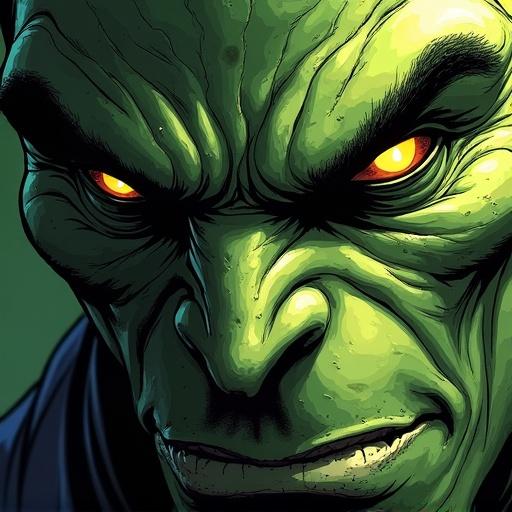 Create a highly detailed portrait of a male orc featuring green skin and yellow eyes. The character should have a closed mouth with sharp side fangs. Use soft and diffused lighting for smooth lines and shading. Maintain a comic book style with a strong focus on the face and expression.