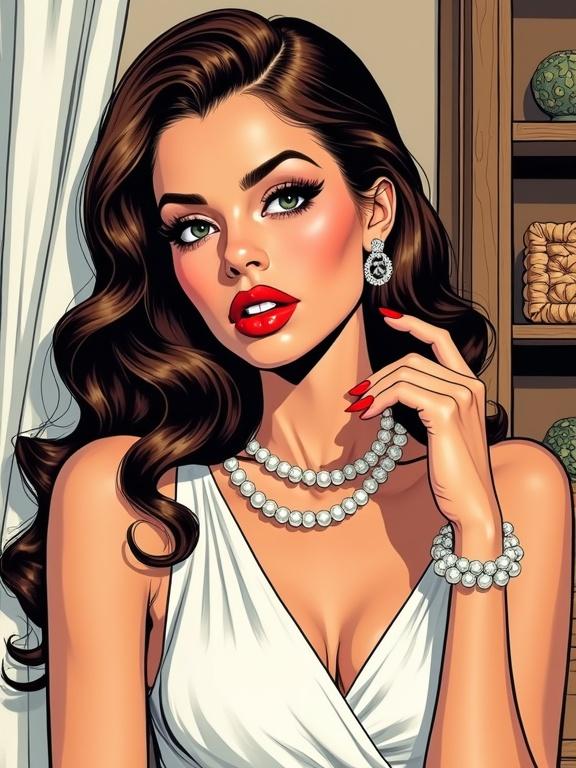 A young woman portrayed in high-end beauty portrait style. The comic book style shows dramatic makeup with bold colors. Luxurious waves in brown hair are highlighted. She wears a white sleeveless top. Pearl jewelry includes a double-strand necklace and earrings. Hands are posed gracefully near the face. The background features soft curtains and wooden shelves.
