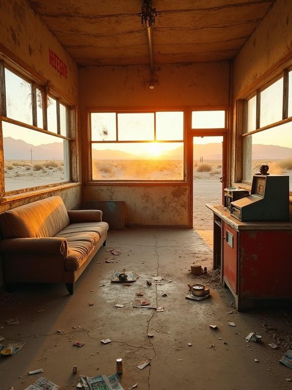Inside an abandoned desert gas station at sunset. Dusty and filled with golden-orange light filtering through broken windows. A single old faded sofa against the wall with some springs exposed. Cracked concrete floor littered with debris and empty cans. A rusted cash register on the counter near the entrance. Peeling walls with faded advertisements and graffiti. Overall feeling of dry deserted loneliness and hidden comfort in warm light.