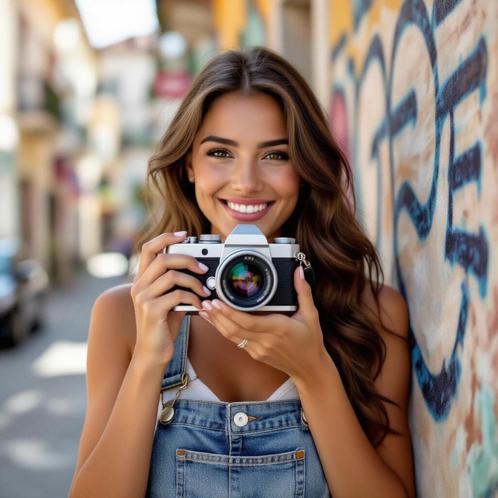 A woman holds a camera in a casual outdoor setting. She stands near a colorful wall in an urban area. Natural light bathes the scene, enhancing her presence. Her focused gaze directs attention to the camera she holds confidently. Background features blurred city elements, contributing to an inviting atmosphere.