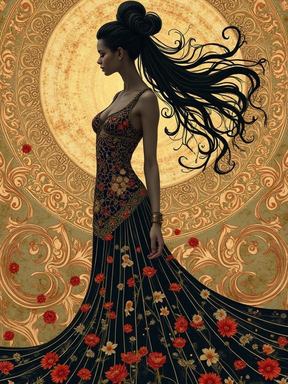 High-quality illustration depicting a warrior princess. She wears an ornate gown filled with floral patterns. The background features swirling geometric designs. Elegant and detailed lines represent the flowing hair. The overall style reflects the works of Gustav Klimt and Alphonse Mucha.