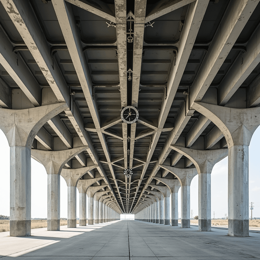 A striking view of an underpass with a symmetrical arrangement of concrete pillars and arches, extending into the distance.