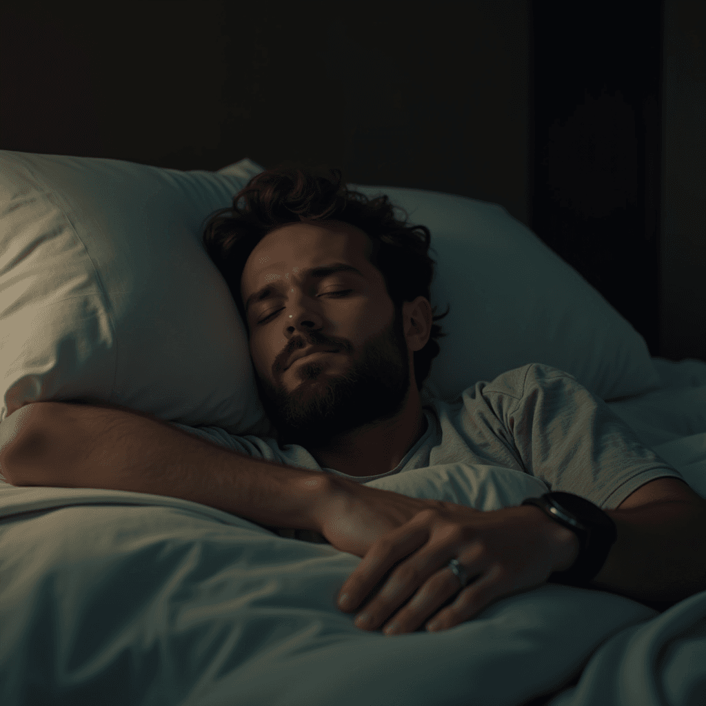 A man sleeps peacefully in a cozy, dimly lit room.