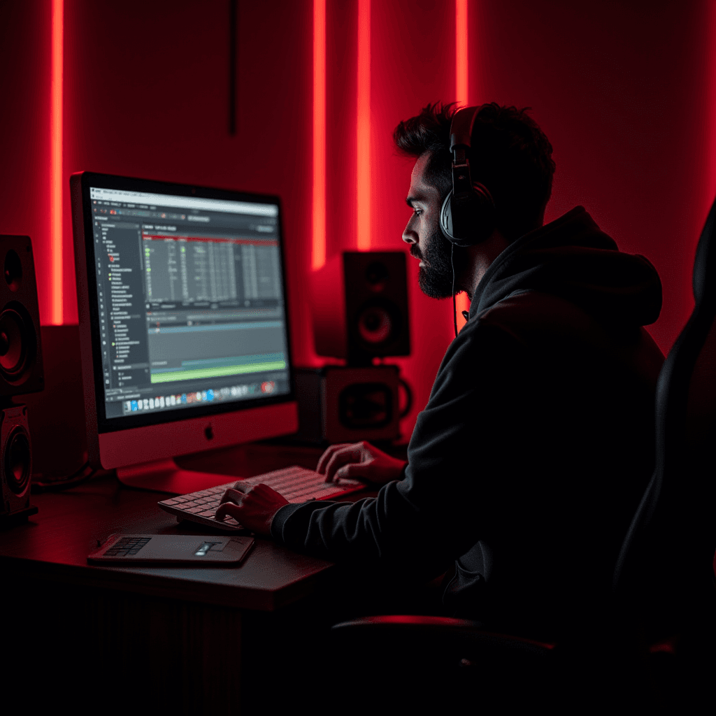 A person intently working on a computer in a dark room illuminated by red lighting, wearing headphones.