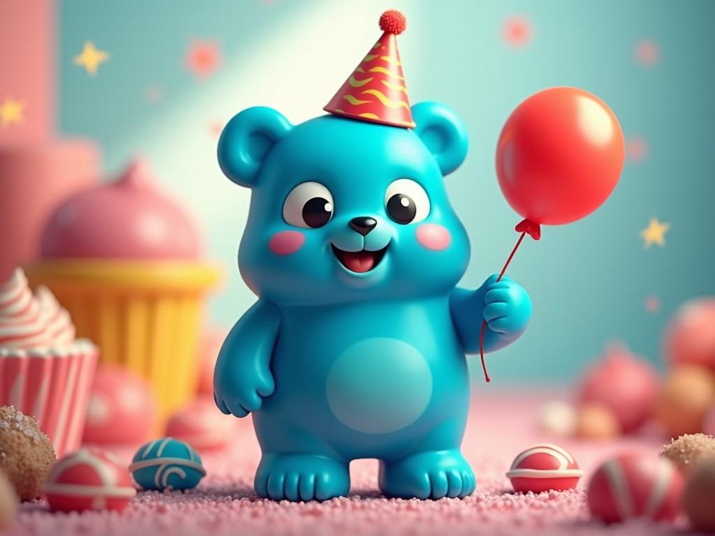 The image features an anthropomorphic blue gummy bear celebrating a birthday. It stands joyfully with a bright red balloon in one hand and wears a festive party hat. The background is colorful and cheerful, filled with soft pastel colors. There are other party elements like cupcakes, candies, and colorful decorations scattered around. This scene evokes a sense of fun and whimsy, perfect for children's celebrations.