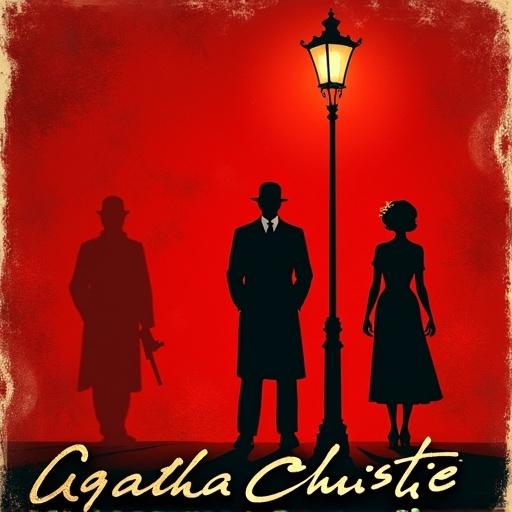 Red textured background with torn paper effect. Silhouettes of a man and woman in 1920s attire. A shadowy figure watching from behind a streetlamp. Author's name Agatha Christie in gold script font. Faint gun silhouette in the corner.