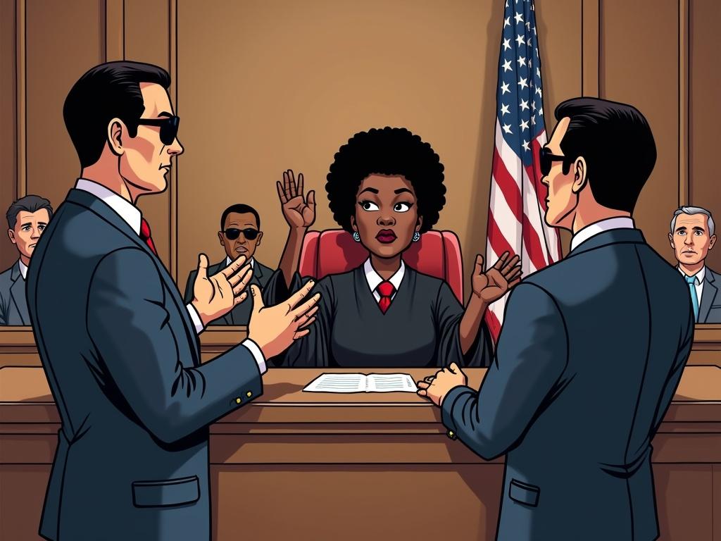 A cartoon courtroom scene features two FBI agents in suits and sunglasses. They are arresting a surprised senior afro-american female judge behind the bench. The judge wears black robes and raises her hands as one agent reads her rights while the other holds handcuffs. The courtroom has wooden decor, a U.S. flag, and shocked spectators in the background. The style is bold, colorful, and exaggerated like a political cartoon.