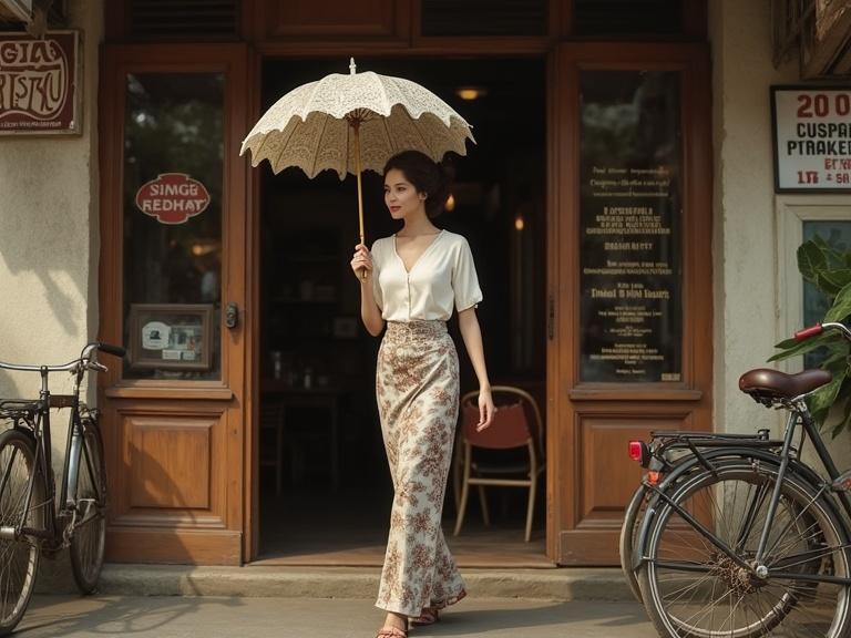 A hyper-realistic portrayal of an Indonesian woman in a kebaya and batik sarong. The woman holds a lace parasol. She steps into a restaurant in old Jakarta. The building features wooden doors and colonial windows.