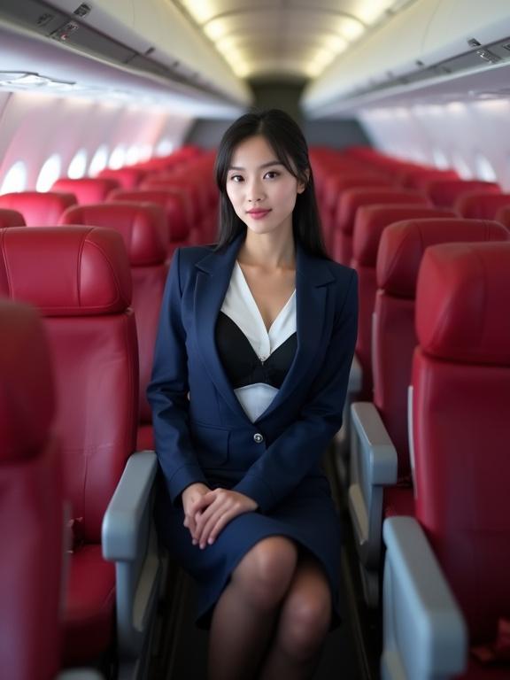 A young flight attendant with black hair sits confidently in an aircraft. She wears an unbuttoned navy blue jacket over a white blouse, showing a black bra. The interior displays rows of red seats. The scene looks clean and organized. Flash photography gives an overexposed look.