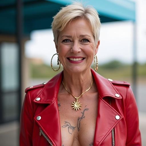 Photograph of an older woman with short blonde hair. She wears a red leather jacket unzipped. Bare breasts are visible. Tattoo on the left shoulder. Large hoop earrings and a gold sun pendant necklace are worn. She smiles confidently. Outdoors with a blue awning and white sky in the background. Captured in a bold pose.