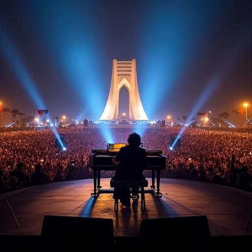 Famous composer performing live concert at night in Tehran. Azadi Tower in background. Composer at grand piano on raised stage. Spotlights illuminate the pianist. Large crowd clapping and swaying to music. Flags waving under warm night sky.