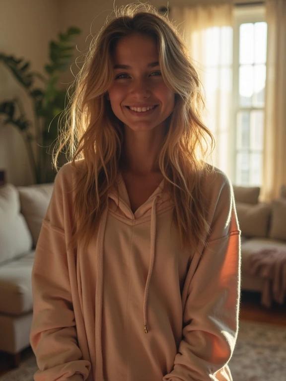 Full frame photo of young woman wearing a long hoodie. She stands in a cozy living room with sunlight streaming. Soft focus and pixelated aesthetic. Sweater and micro shorts style. Flirty expression in a natural environment.