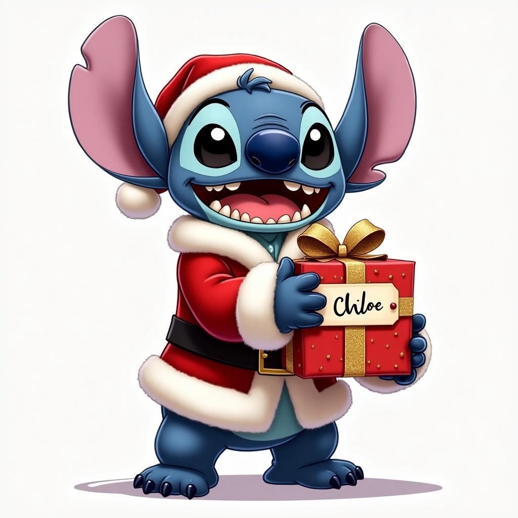 Stitch is dressed in a Santa outfit. He is happily holding a Christmas present with the label Chloe.