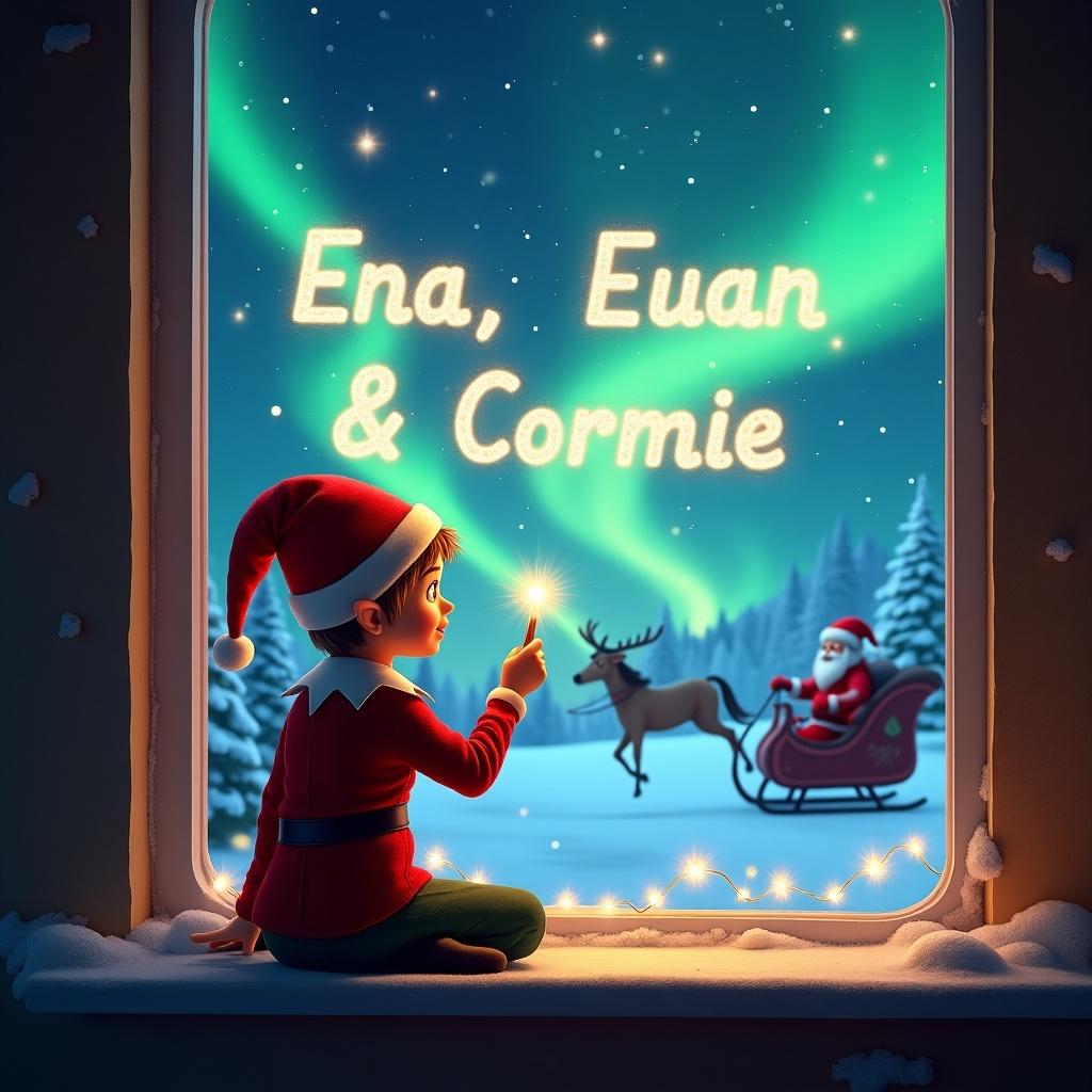 The image features an enchanting Christmas scene. An elf sits on a window ledge, back to the viewer. Using a wand, he writes the name 'Ena, Euan & Cormie' in shimmering lights. The background showcases colorful northern lights and a snowy landscape. In the distance, Santa Claus is seen in his sleigh, enhancing the festive spirit.