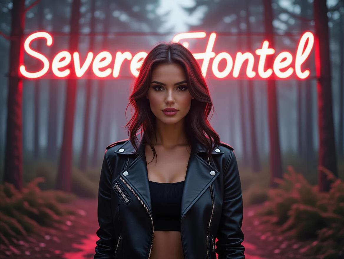 Cinematic fashion photography features a woman wearing a leather jacket. Background shows a dark forest illuminated by red neon light. The scene has a moody and atmospheric vibe. The woman stands confidently in front of the neon sign.