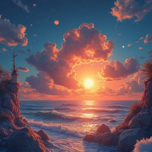 A breathtaking sunset over the ocean. The sun setting on the horizon casts a warm orange glow. Gentle waves lap at the rocky shoreline. Fluffy clouds are scattered in the vibrant sky, reflecting hues of blue and pink. The scenery is tranquil and inviting, perfect for a serene escape.