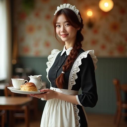 Elegant woman in a refined maid café waitress uniform. Tasteful maid uniform features lace trim and a long flowing skirt. Soft black and white color palette complements delicate embroidery on the apron. She has a warm and serene smile, gentle Japanese features, and long chestnut hair styled in a braided low bun with a frilly maid headband. Standing gracefully in a cozy café interior with vintage European decor. Holding a tray with tea and pastries. Cinematic lighting enhances the scene.