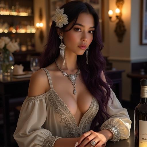Young woman with dark violet hair in elegant light dress. Large expressive eyes enhance her captivating gaze. She wears ornate jewelry, including dangling earrings and a statement necklace. Background suggests luxurious dining space with warm lighting and shelves of wine bottles. Table features wine bottle, glass, and flowers, creating a romantic atmosphere.