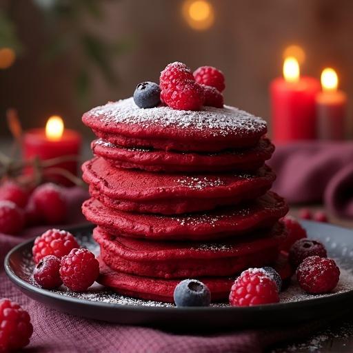 Visually rich scene of stacked red velvet pancakes. Surrounding berries enhance presentation. Warm ambient light suggests evening atmosphere.