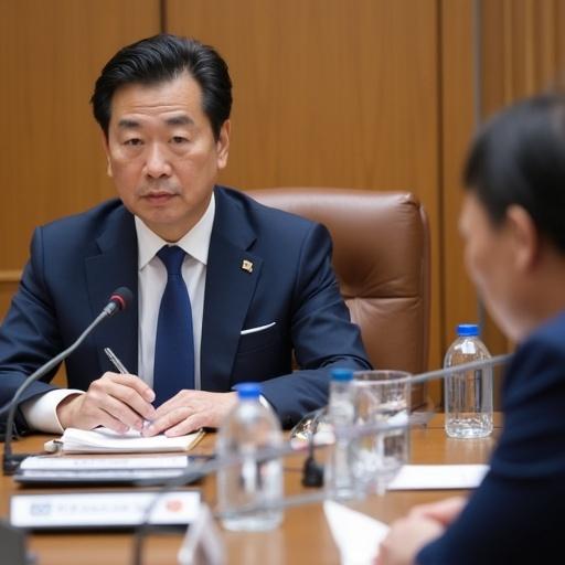 South Korean President Lee Jae-myung is at the Blue House in an international affairs meeting room. He discusses with foreign policy advisors and diplomatic envoys. The agenda is preparation for the first meeting with the Japanese Prime Minister at the G7 summit and formulating South Korea's diplomatic stance.