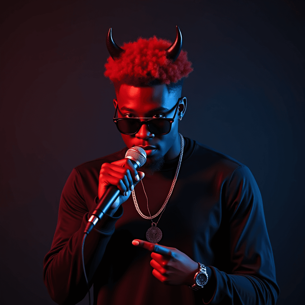 A person with red hair and horns holding a microphone, wearing sunglasses and jewelry against a contrasting blue and red background.