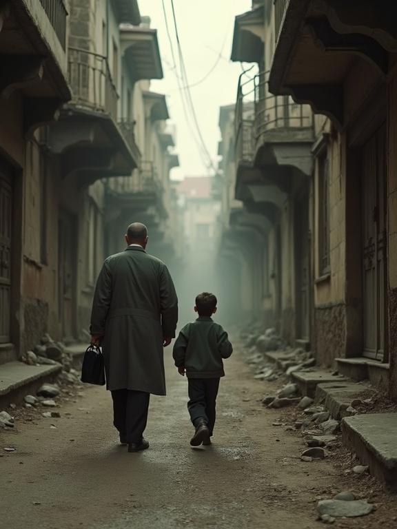 Photorealistic image of a dusty alley in 1950s Istanbul. A man and a boy walk away from the camera. The scene includes tension and a gritty atmosphere. The image is taken from a low angle featuring depth of field and motion blur.