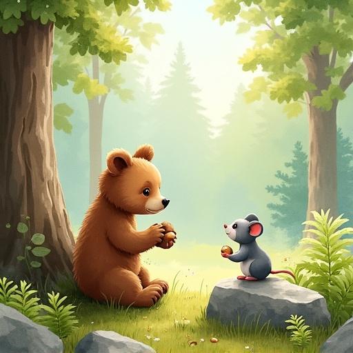 Watercolor illustration of a forest clearing. Cute brown bear cub sees little gray mouse gathering nuts under a tree. They look at each other surprised and curious. Sunny and peaceful setting filled with soft natural light. Gentle forest details like ferns and mossy stones.