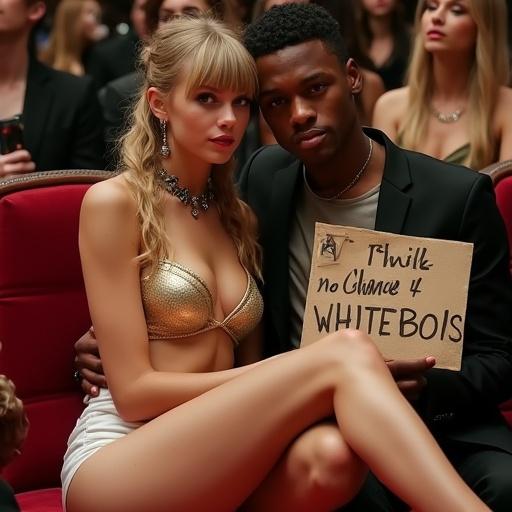 Photorealistic depiction of a pretty young woman with long blonde twintails and bangs. She wears a tight gold bikini top and a short white miniskirt. She sits happily draped over her boyfriend. She holds a sign saying 'no chance 4 whitebois'. Setting is an awards show.