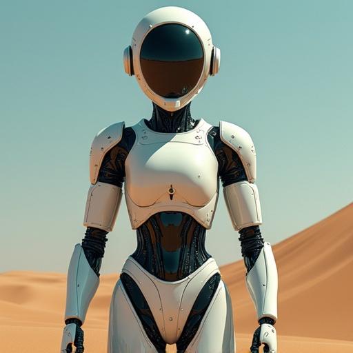 Futuristic robot with arms outstretched against a white background. Colorful design. Frontal view.