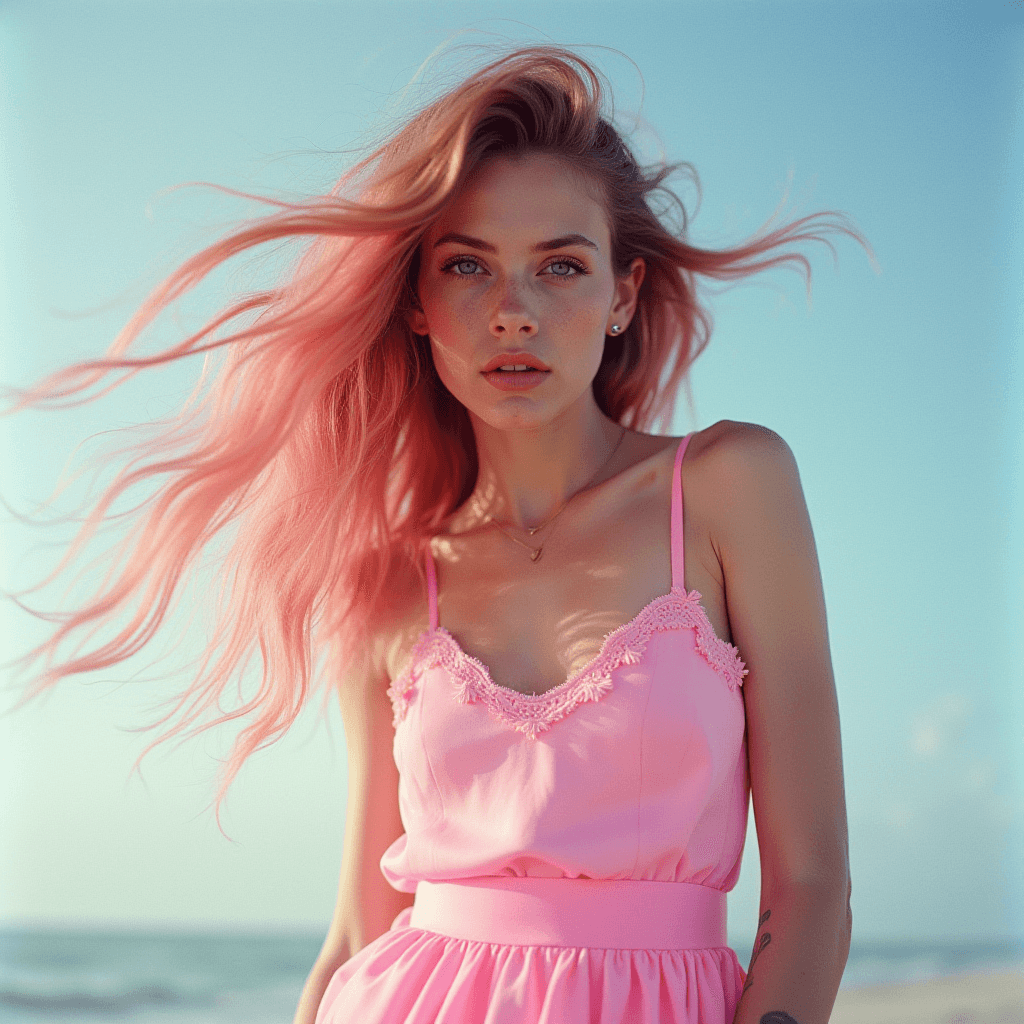 The image features a woman with long, flowing pink hair, standing on a beach. She is wearing a sleeveless pink dress with lace detailing at the top. The dress has delicate straps and a fitted waist, enhancing her silhouette. Her hair is being gently blown by the wind, giving a dynamic feel to the image. The background shows a clear blue sky and a hint of the ocean, suggesting a serene beach setting. The lighting is soft and bright, highlighting her features and the vivid colors of her attire and hair.