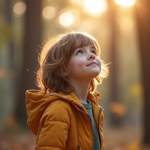A cute girl with curly hair wearing a yellow jacket is looking up in a forest setting during sunset.
