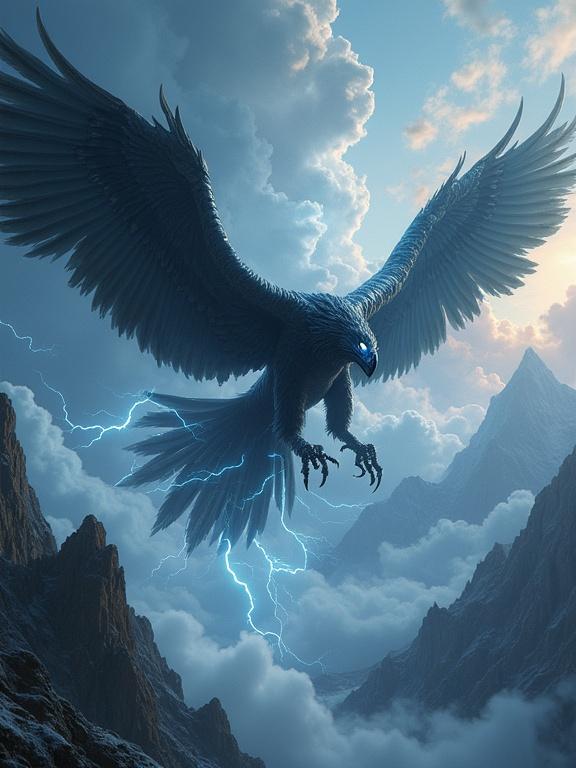 Portrait of a colossal predatory bird with wings spanning over a hundred feet. Each feather edged with flickering lightning. Beak is cracked like obsidian. Talons spark when they strike clouds. Storm clouds spiral around it. Eyes glow white-hot with fury. Background high in stormy skies above jagged mountain peaks. Epic high fantasy realism, dynamic motion, dramatic skies, fine weathering on feathers and lightning glow.