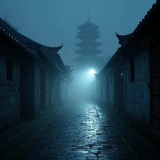 Long exposure photograph at night on a stone-paved street. Ancient Chinese setting with mist. Traditional buildings line the street. Tall pagoda in the background. Mysterious and eerie atmosphere.