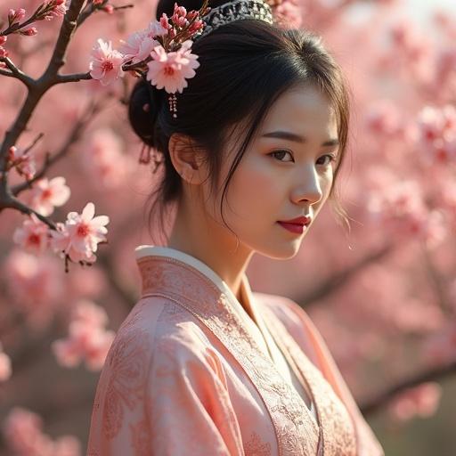 Photography of a woman in traditional Chinese attire surrounded by flowers. Woman is in profile, with flowing hair and intricate hairstyle. Blossoming flowers create a beautiful background. Soft and natural lighting illuminates the scene.