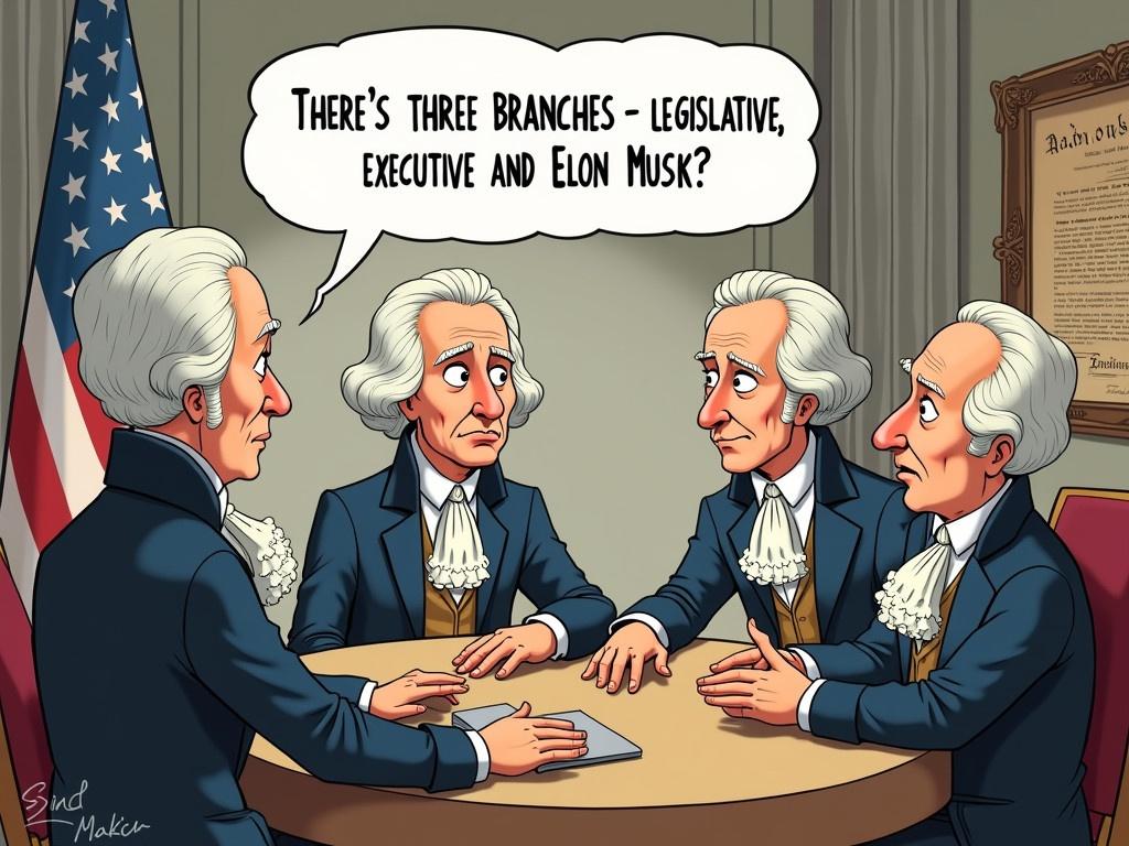 Create a satirical cartoon depicting four Founding Fathers of the United States gathered around a table in a historical setting. They are dressed in 18th-century attire, with powdered wigs and formal coats, sitting in an ornate room. One of the Founding Fathers, looking puzzled, is speaking and saying, 'There’s three branches - legislative, executive, and Elon Musk.' The other men appear surprised and slightly confused by the statement. Include symbols of American independence in the background, such as an eagle or a Declaration of Independence document. The overall tone should be humorous, with exaggerated facial expressions. The color palette should be soft but distinguishable, evoking a classic cartoon style.