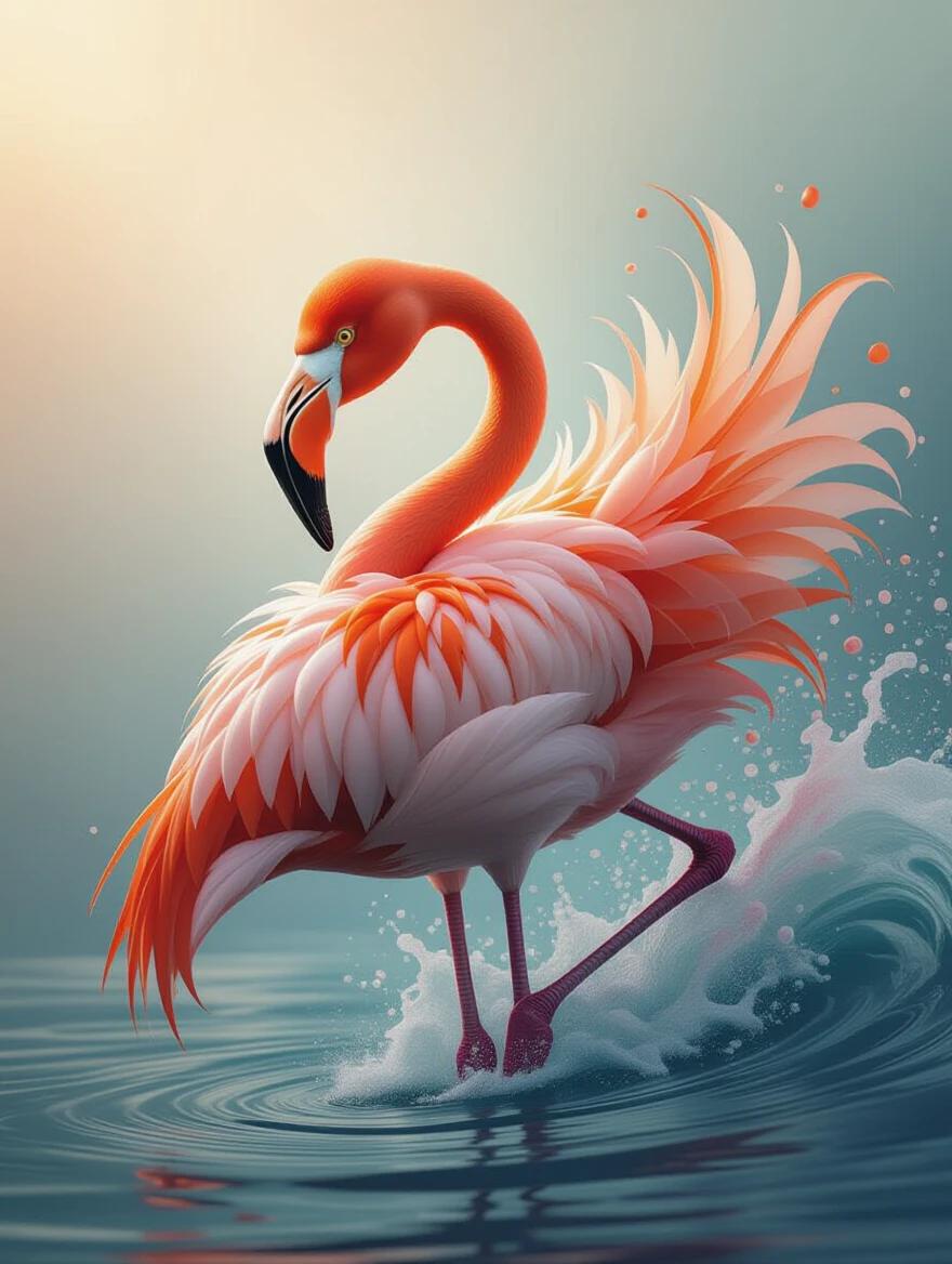 Ultra detailed hyperrealistic illustration of a flamingo. Surreal HD wallpaper composition. Features flowing organic textures and electric color accents. Displays fluid abstract splashes with a misty atmosphere. Inspired by renowned artists like Brian Mashburn. Showcases ethereal color transitions and painterly light scattering. Emphasizes dreamlike realism with textured brushwork.