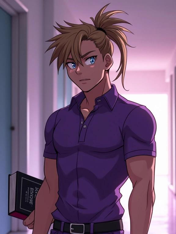 Anime style illustration depicting a muscular teen boy in a purple polo shirt. He has light brown spiky hair styled in a ponytail. The setting is a modern luxurious mansion hallway during afternoon. The boy is holding a politics book, expressing a hateful look. He is 14 years old, with silver eyes, 5'10 height, and a fit physique.