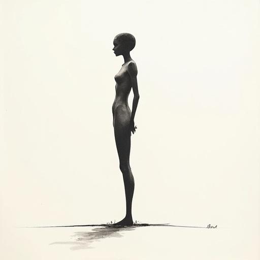 Minimalist human figure with perfect proportions. No gender traits. Smooth featureless face. Clean silhouette represents evolving consciousness. Monochrome sketch. Delicate ink lines on textured paper. Serene mood inspired by traditional Asian brushwork.