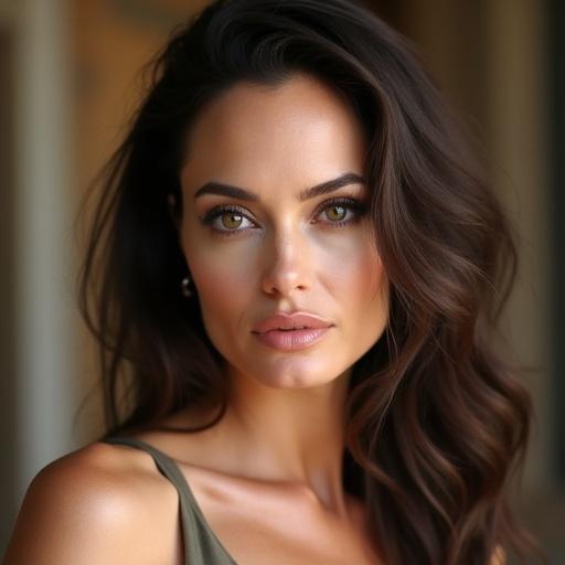 Portrait of a beautiful woman with long flowing hair wearing an elegant top. The focus is on her shoulder and hair. The background is softly blurred.