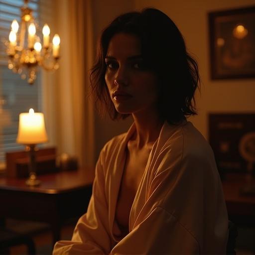 A high-end escort lounges in a candlelit penthouse. She wears a luxurious silk robe partially slipping off her shoulder. The atmosphere is thick with jasmine scent. Candles and a chandelier provide warm lighting. Her gaze is on the closed door with anticipation and vulnerability. The focus is on her face and collarbone, rendered in soft amber tones with a cinematic effect.