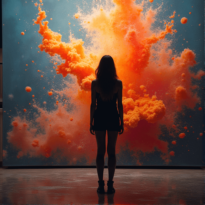 A person stands in front of a vibrant orange explosion of color on a canvas in an art gallery.