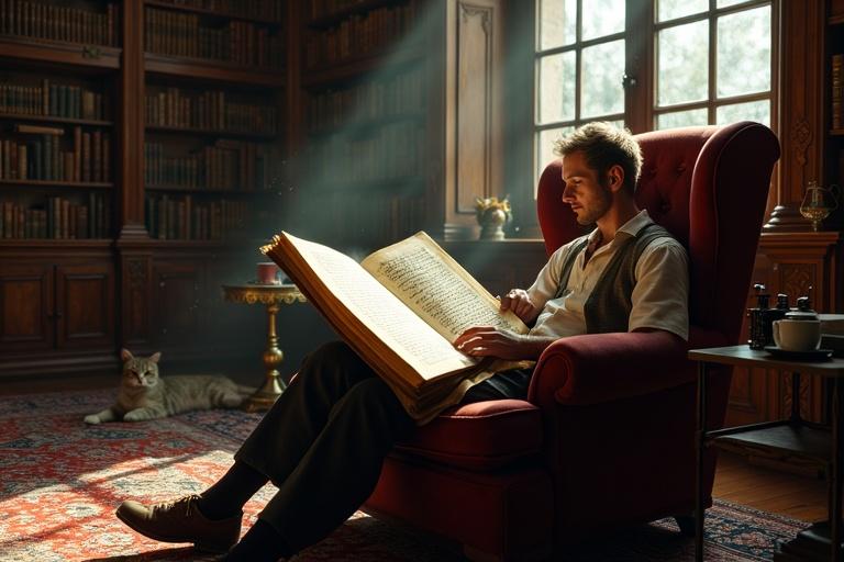 A detailed scene of a person in an armchair reading a large ancient manuscript in a luxurious library. The person shows care in holding the manuscript with one hand. Surrounding are tall bookshelves filled with leather-bound books and curiosities. A Persian rug and a coffee cup are present. Light streams through the window, with dust motes in the air. The color scheme is warm with burgundies and golds.