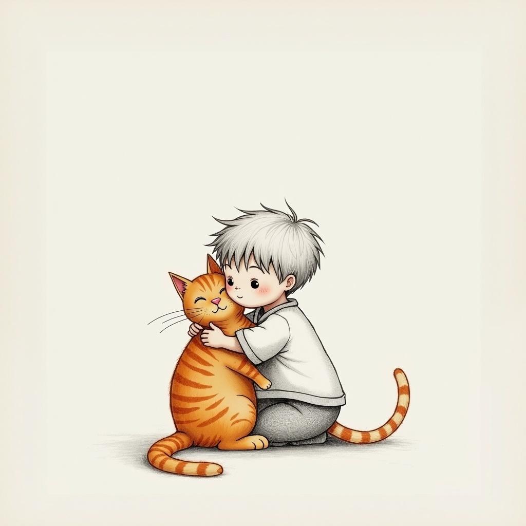 Minimalist artwork featuring a young boy hugging an orange tabby cat. The scene combines real materials with pencil sketches. Cat is prominently displayed on the paper, with the boy drawn with pencil.